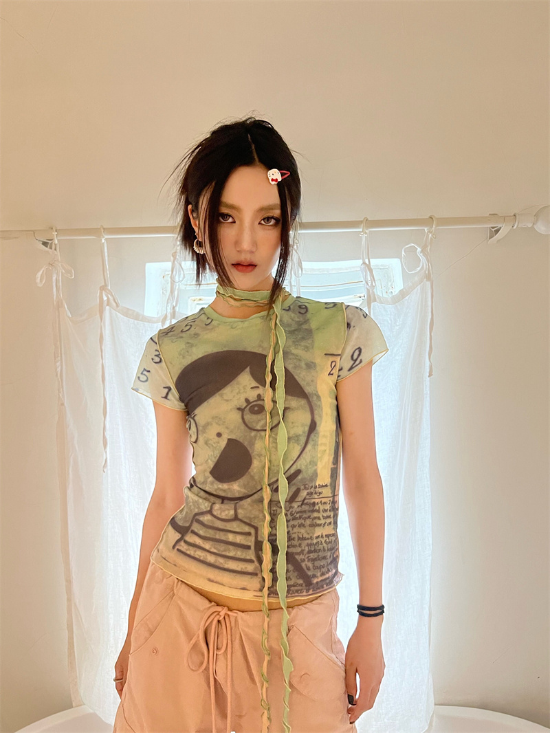 Women's Slim Fit Short Sleeve Double Layer Mesh Print T-Shirt