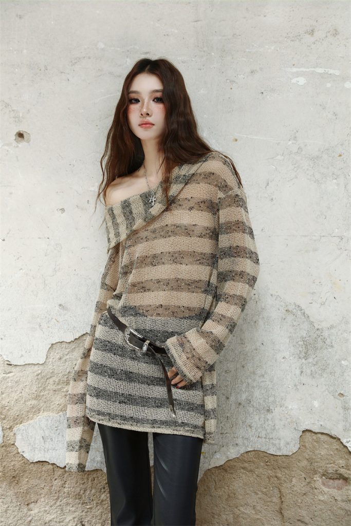 Striped Wasteland Hooded Loose Long Sleeve T-Shirt Dress