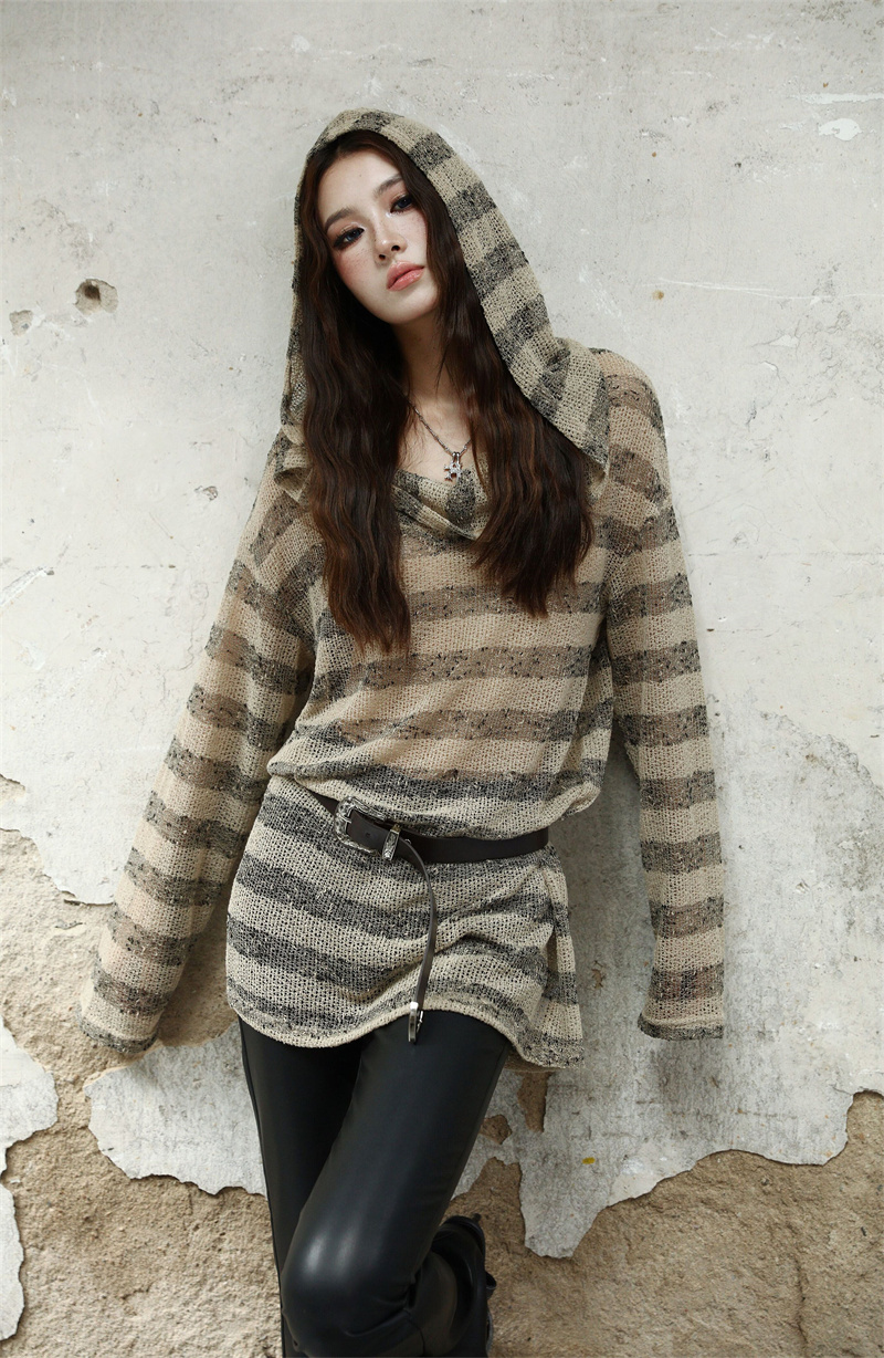 Striped Wasteland Hooded Loose Long Sleeve T-Shirt Dress - Image 3