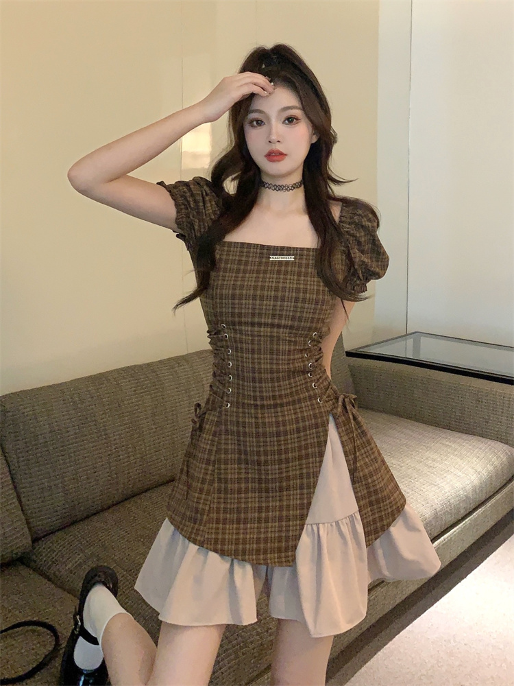 2025 Summer Brown Plaid High Waist Bodycon Dress with Puff Sleeves