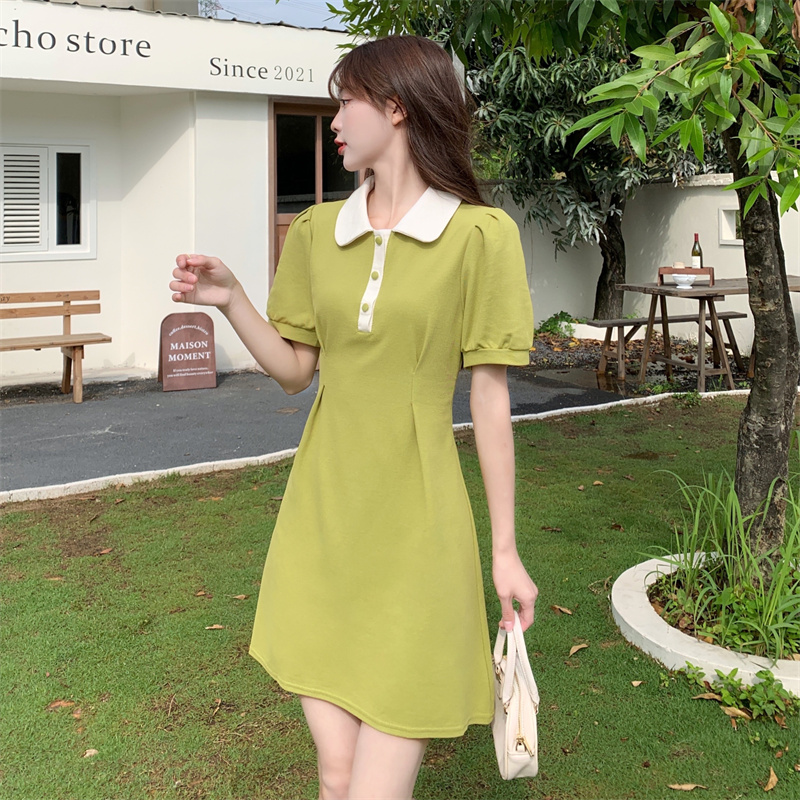 2025 Summer New Arrival Fashion Polo Collar Color Block Waist Cinching Slimming A-Line Dress