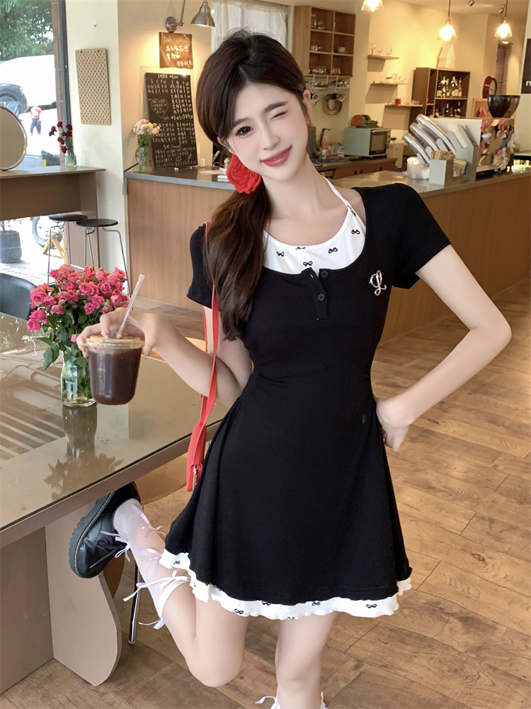 Women's Preppy JK Style Halter Neck Short Dress with Cinched Waist and Slimming Fit - Style 35bc56