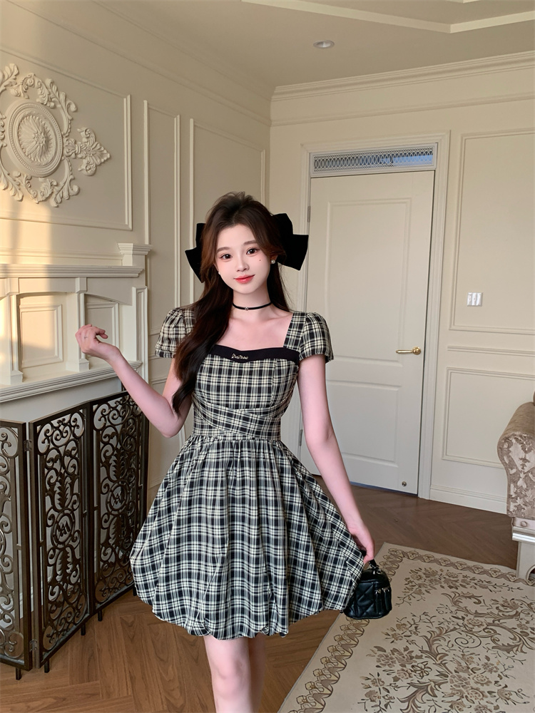 Sweet Square Neck Plaid Dress for Women Summer French Waist A Line