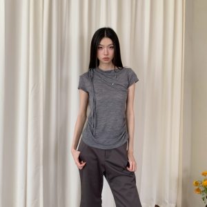 Women's Textured One-Shoulder Tie Short Sleeve T-Shirt
