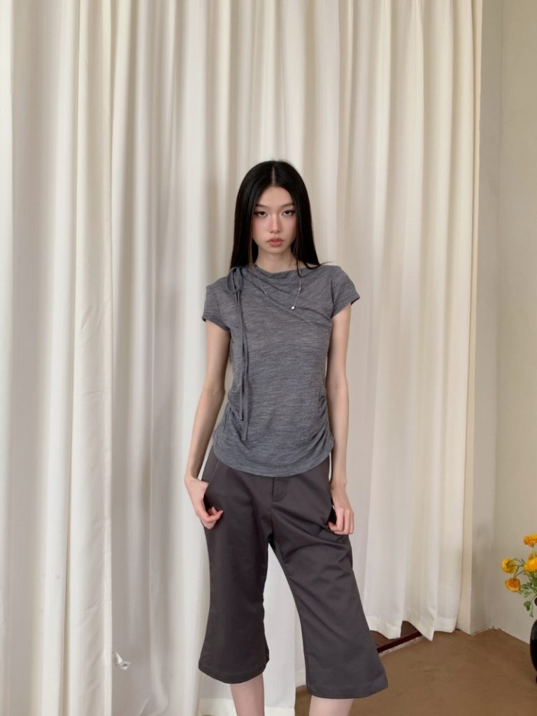 Women's Textured One-Shoulder Tie Short Sleeve T-Shirt