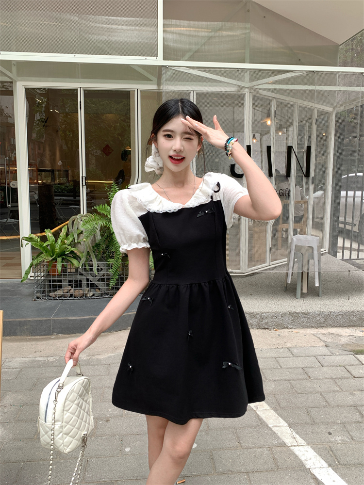 Plus Size Women's Elegant Bow Design Faux Two-Piece Slimming Dress - Style 99ec46