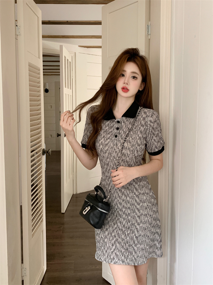 2025 Summer French Sweet Short Sleeve Polo Collar Cinched Waist Slimming Date Dress