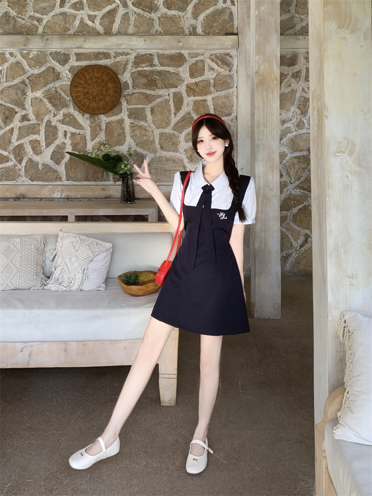 Korean Preppy Embroidered Color Block Faux Two Piece Dress - Style 0b7840