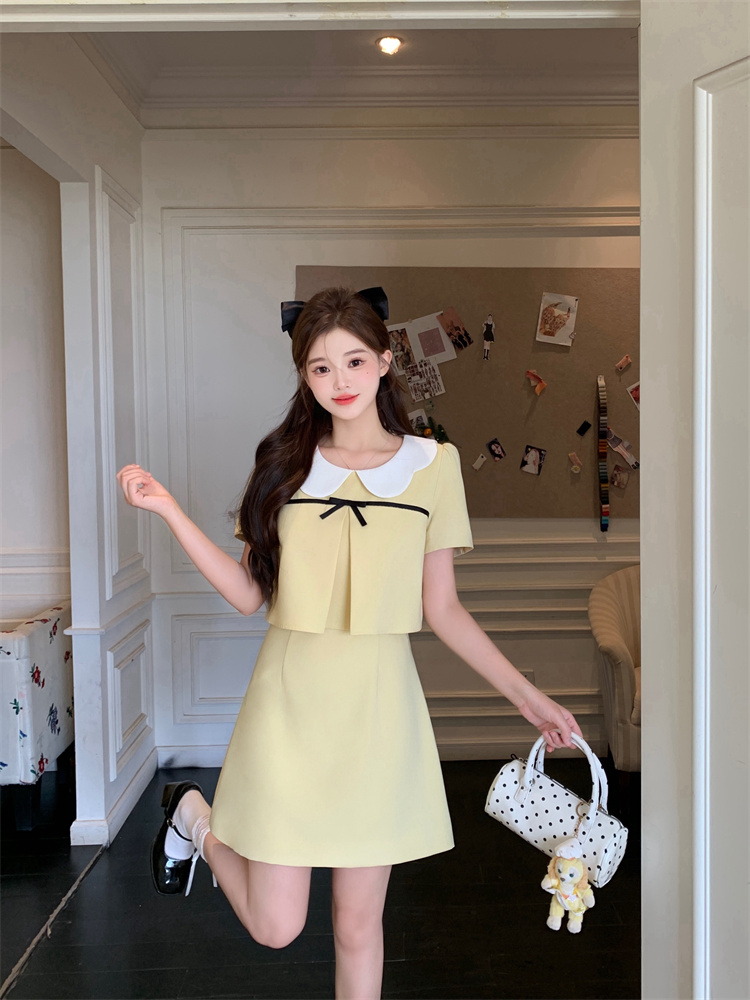 Light Yellow Sweet A-Line Short Sleeve Dress for Women Summer 2025