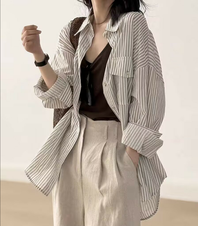 Women's Striped Long Sleeve Shirt Plus Size Casual Top