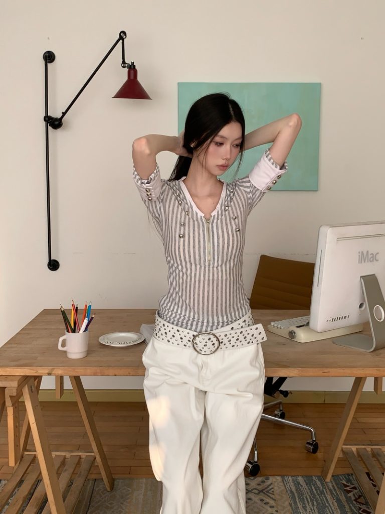 Gray and White Striped Knit Lightweight Metal Button Half Sleeve Top