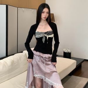 Polka Dot Spliced Faux Two-Piece Slimming Long Sleeve T-Shirt