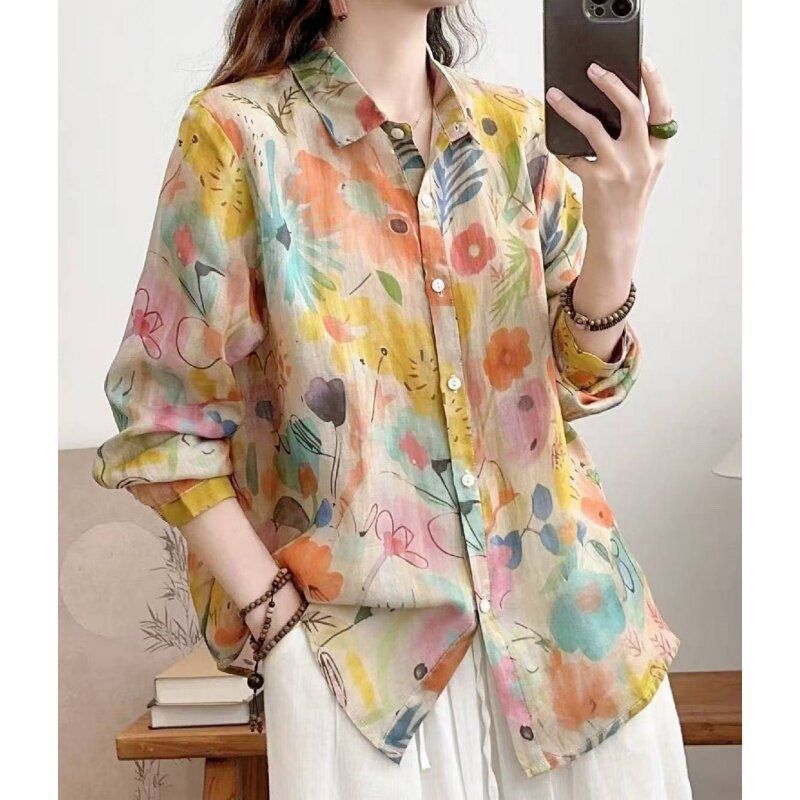Summer New Sun Protection Shirt Artistic Print Turn-Down Collar Cotton Long Sleeve Loose Casual Top Base Shirt Blouse
