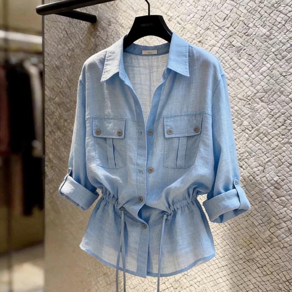 Summer New High-End Blue Collared Waist-Cinching Shirt for Women Commuter Style Slimming Fashionable Niche Top