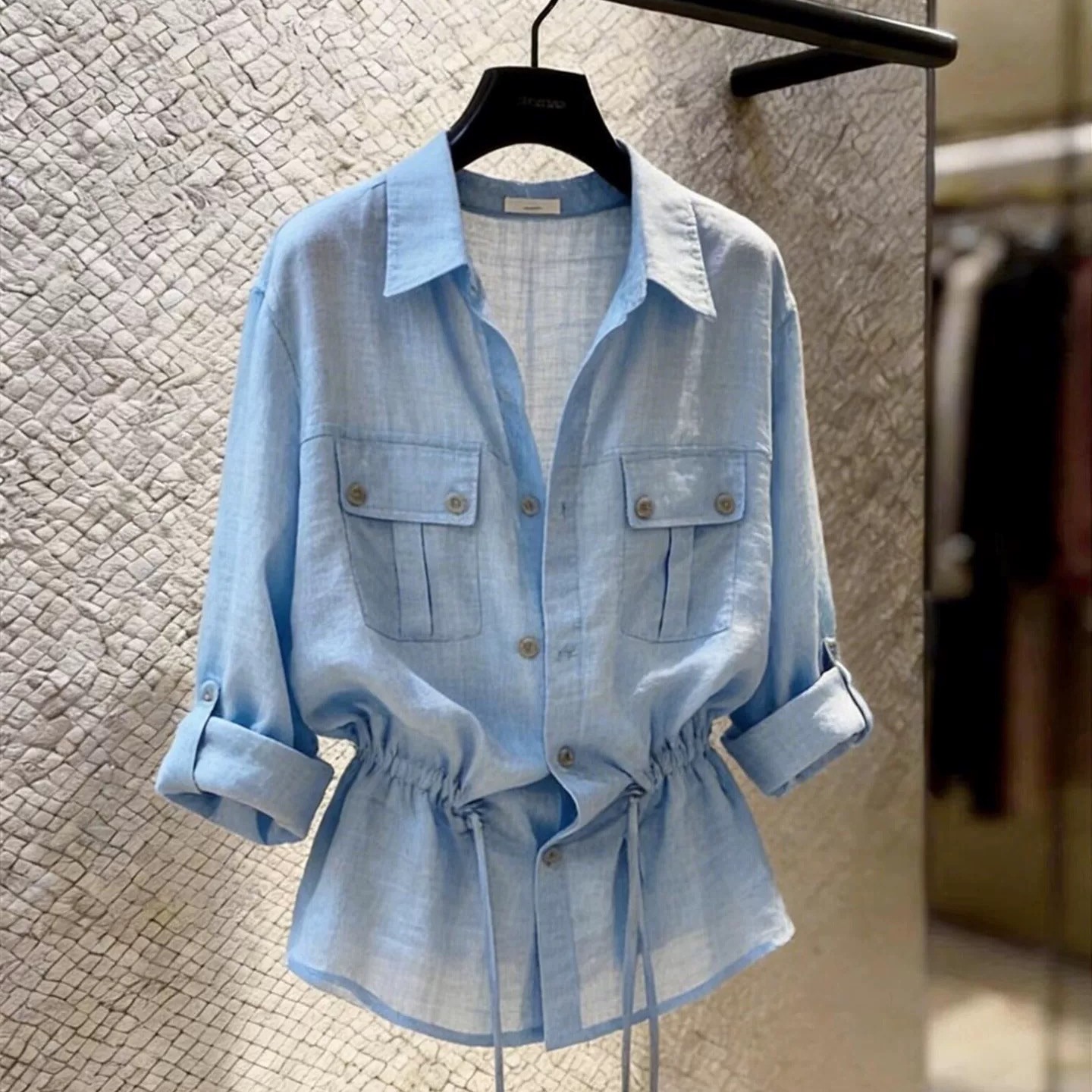 Summer New High-End Blue Collared Waist-Cinching Shirt for Women Commuter Style Slimming Fashionable Niche Top - Image 2