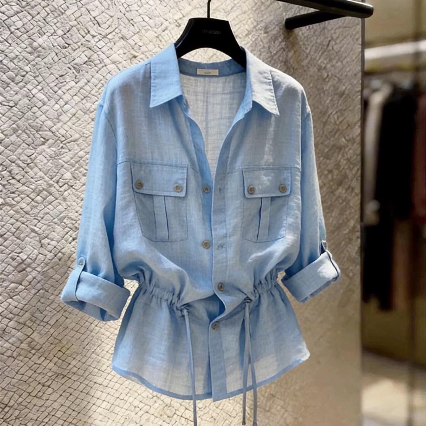 Summer New High-End Blue Collared Waist-Cinching Shirt for Women Commuter Style Slimming Fashionable Niche Top - Image 3