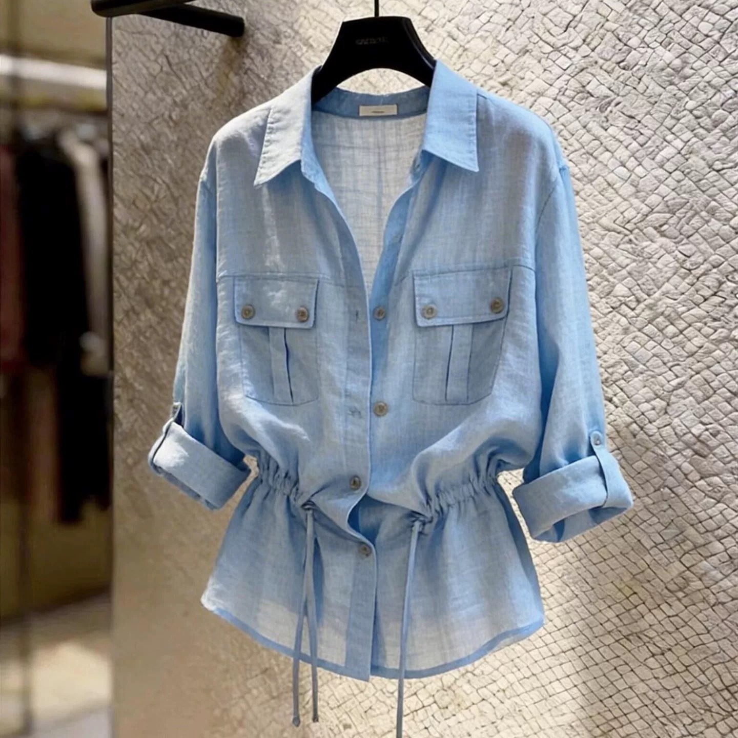 Summer New High-End Blue Collared Waist-Cinching Shirt for Women Commuter Style Slimming Fashionable Niche Top - Image 5