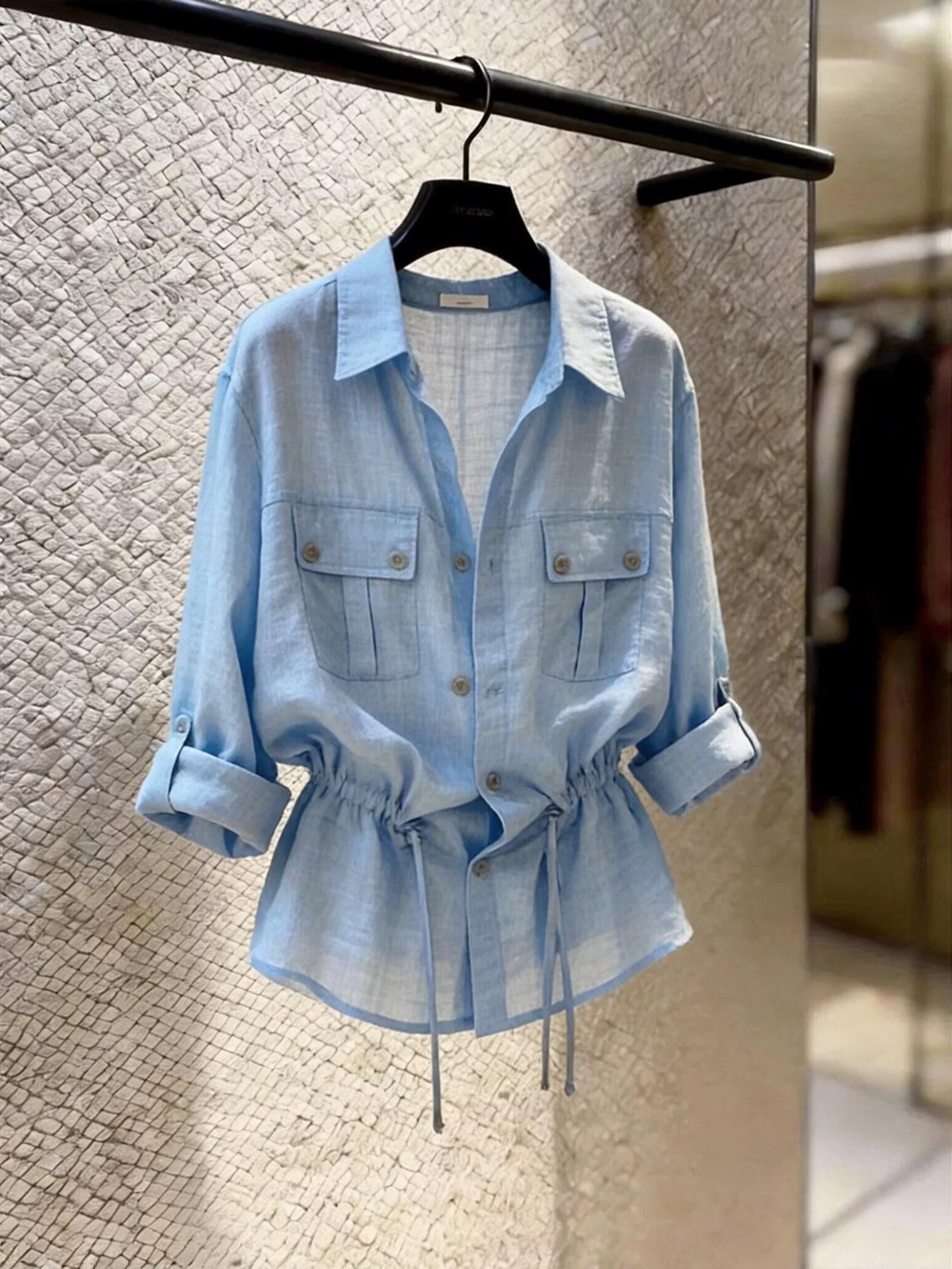 Summer New High-End Blue Collared Waist-Cinching Shirt for Women Commuter Style Slimming Fashionable Niche Top - Image 4