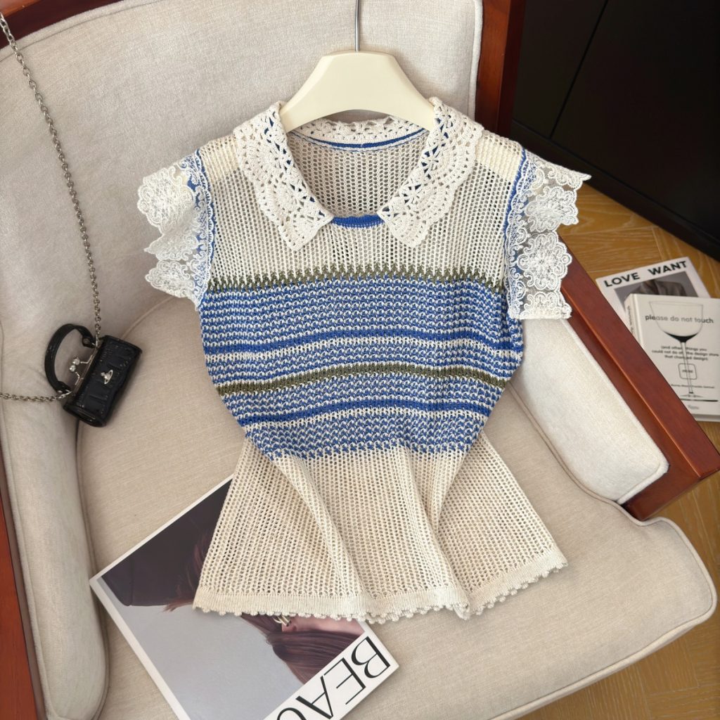 Elegant Lace Spliced Knit Top Women Autumn New High-End Color Block Comfortable Vest