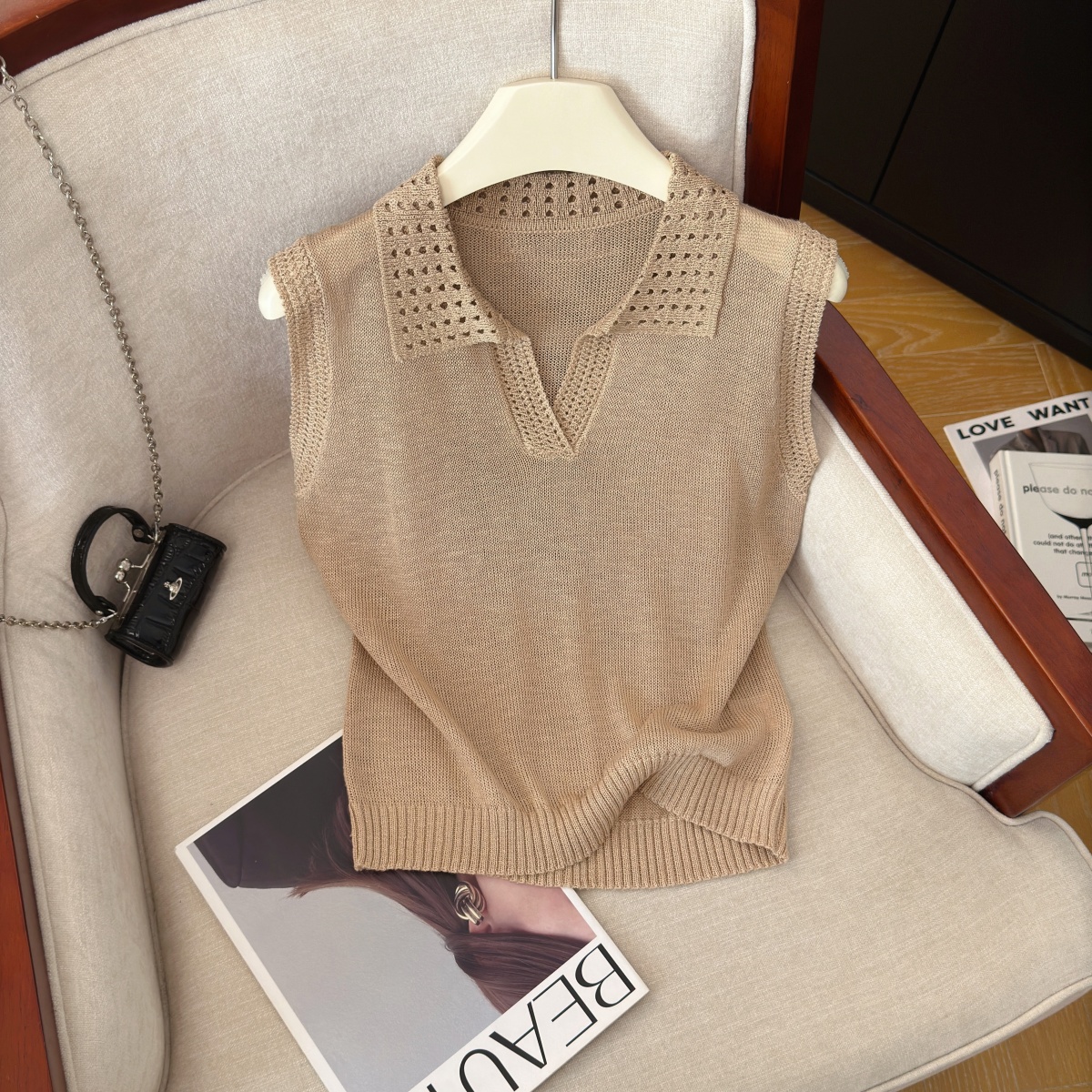 Women's Polo Neck Knit Vest Sleeveless Soft Pullover Top - Image 3