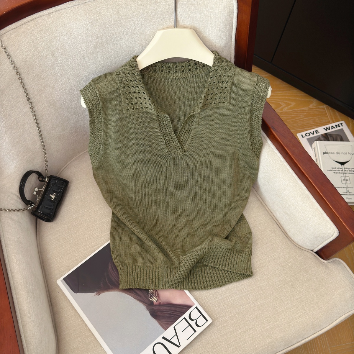 Women's Polo Neck Knit Vest Sleeveless Soft Pullover Top