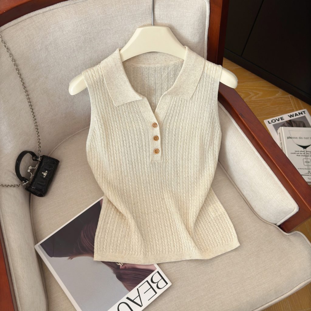 Women's Half-Open Neck Knit Vest Sleeveless Top Retro Style