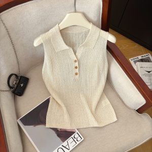 Women's Half-Open Neck Knit Vest Sleeveless Top Retro Style