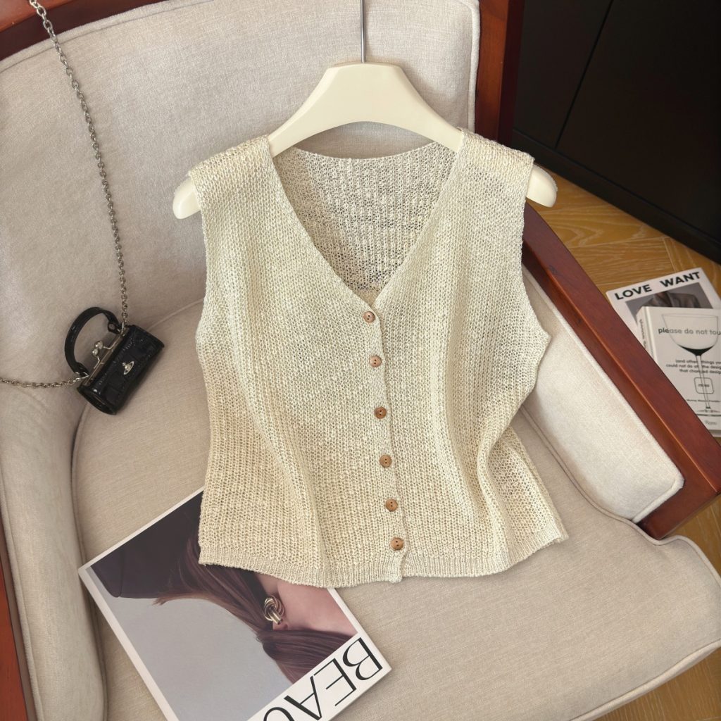 Classic Solid V-Neck Knit Cardigan Vest for Women Retro Sleeveless Top