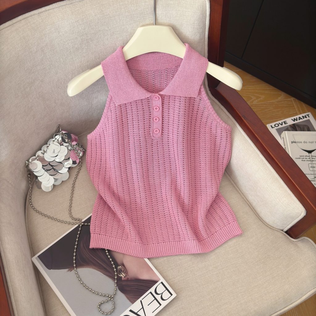 Women's Thick Knit Polo Collar Button Vest Retro Style Slimming Outerwear