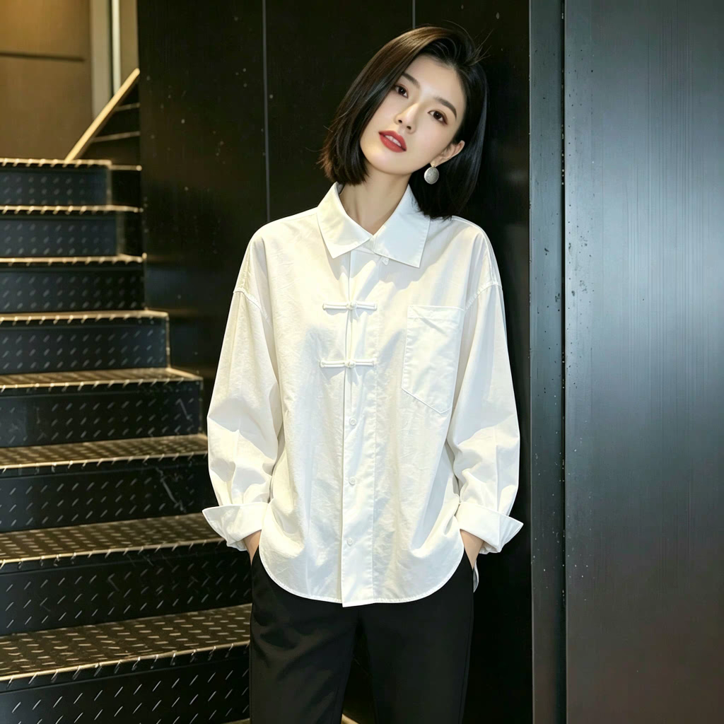 Women's Retro New Chinese Style Button Shirt Long Sleeve Cotton Top