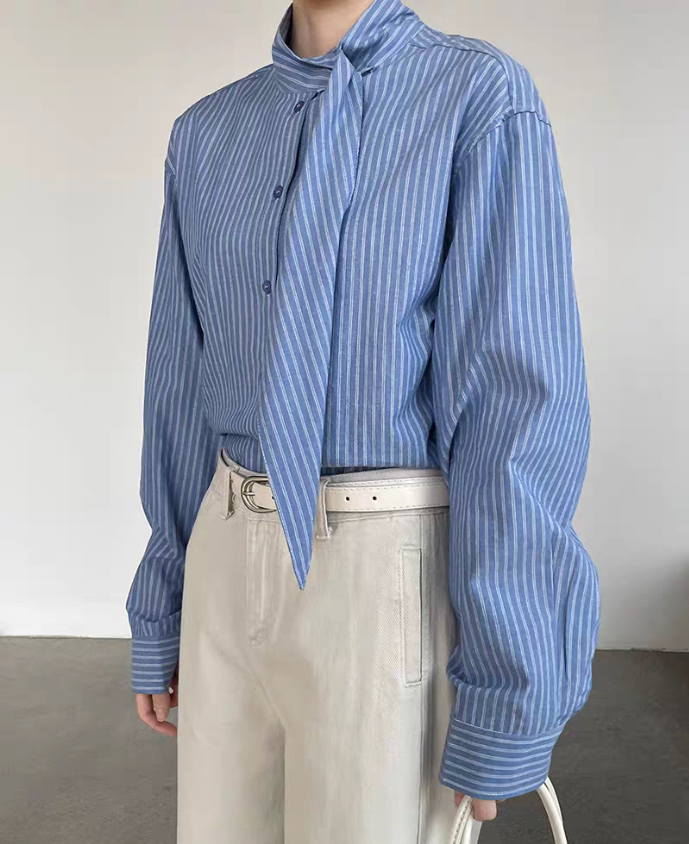 Plus Size Blue Striped Shirt Women Long Sleeve Loose Casual Top - Style a29755