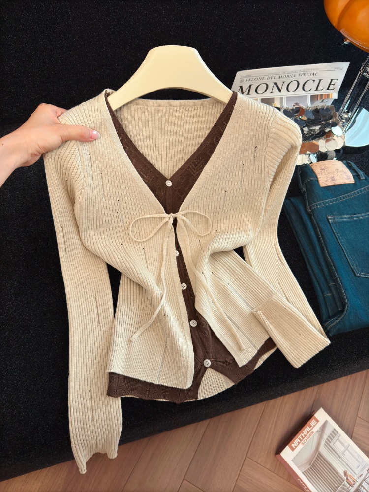 Women's Faux Two-Piece Knit Long Sleeve Top Retro Distressed Sweet Cool Pullover - Style 5979e6