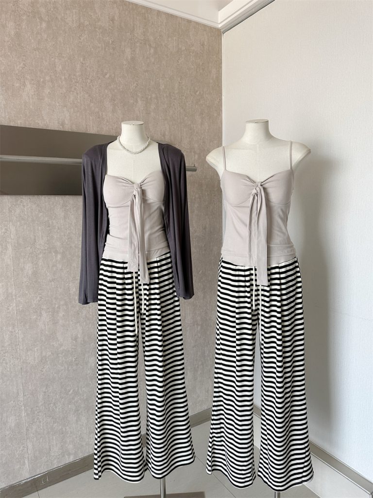 Women's 3-Piece Fall Set with Bow Cami Top Cardigan and Striped Pants