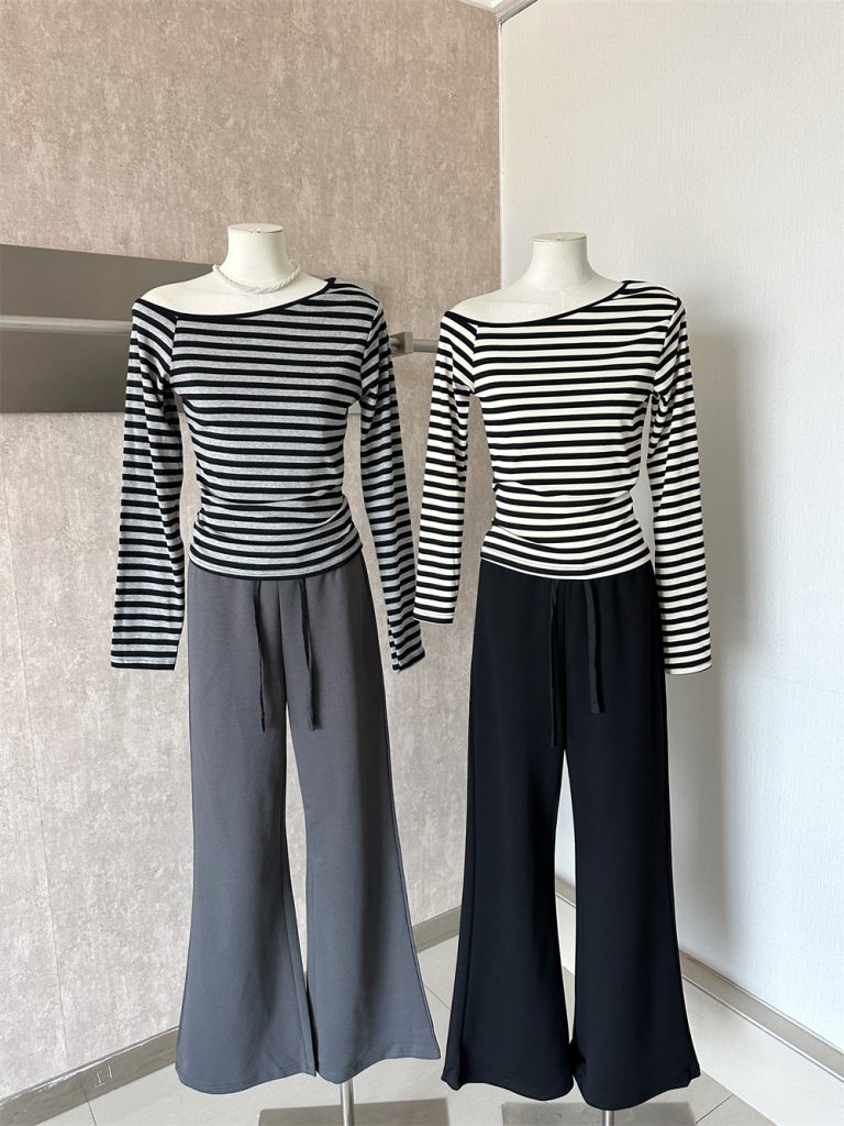 2026 Autumn New Relaxed Color Block Striped Long Sleeve One Shoulder Top and Stretch Pants Women Set