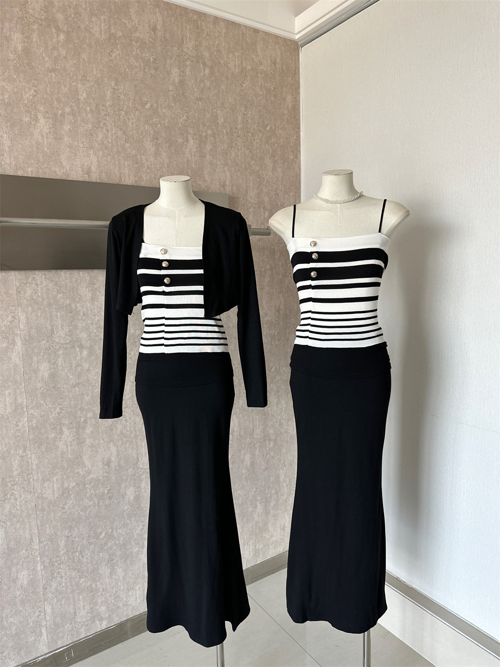 Early Autumn Casual Pure Allure 3-Piece Women Set Black Knit Cardigan Striped Cami Fishtail Skirt