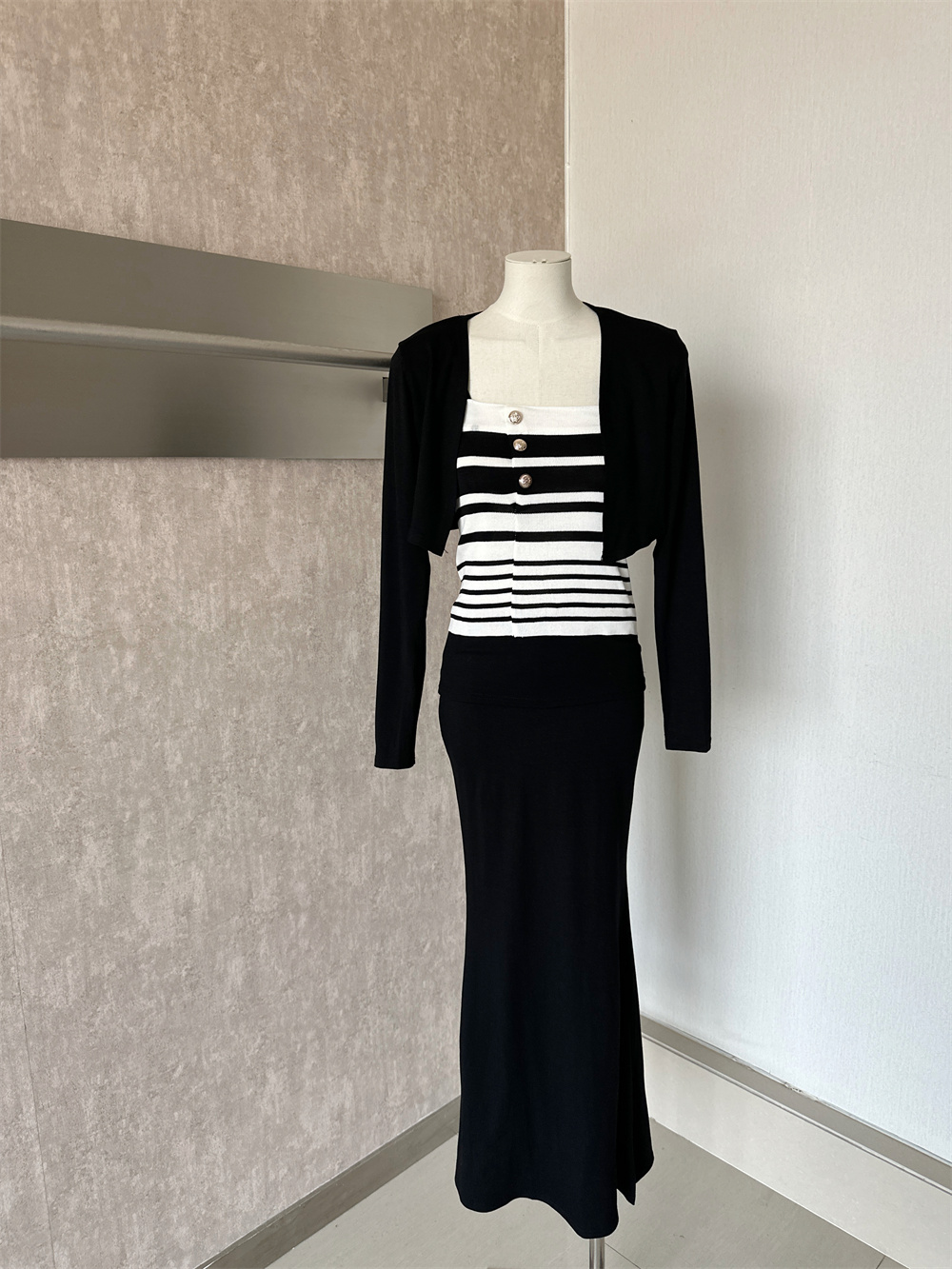 Early Autumn Casual Pure Allure 3-Piece Women Set Black Knit Cardigan Striped Cami Fishtail Skirt - Image 2